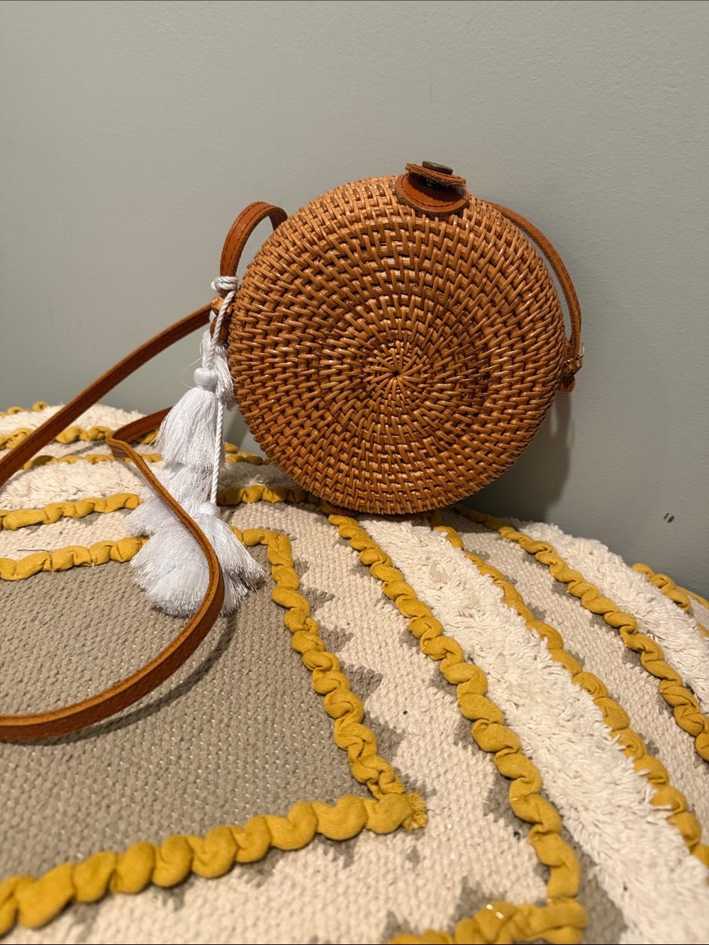 Round Woven Straw Crossbody Bag with White Tassels - Tan
